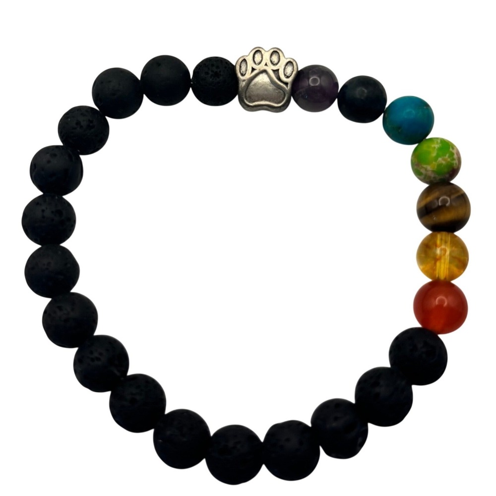 Lava Stone Chakra Bracelet Paw Print Charm Black Volcanic Rock Stretch Beads - Picture 2 of 2